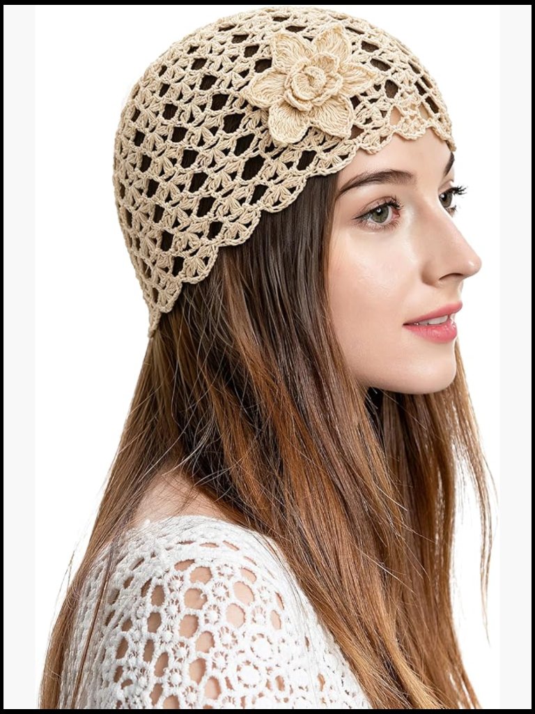 Handmade Crochet Beanie With Floral Sequins - Vintage Skull Hat